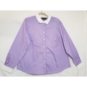 Jones New York Purple Stripe White Contrast Cuff & Collar Blouse Size 18W